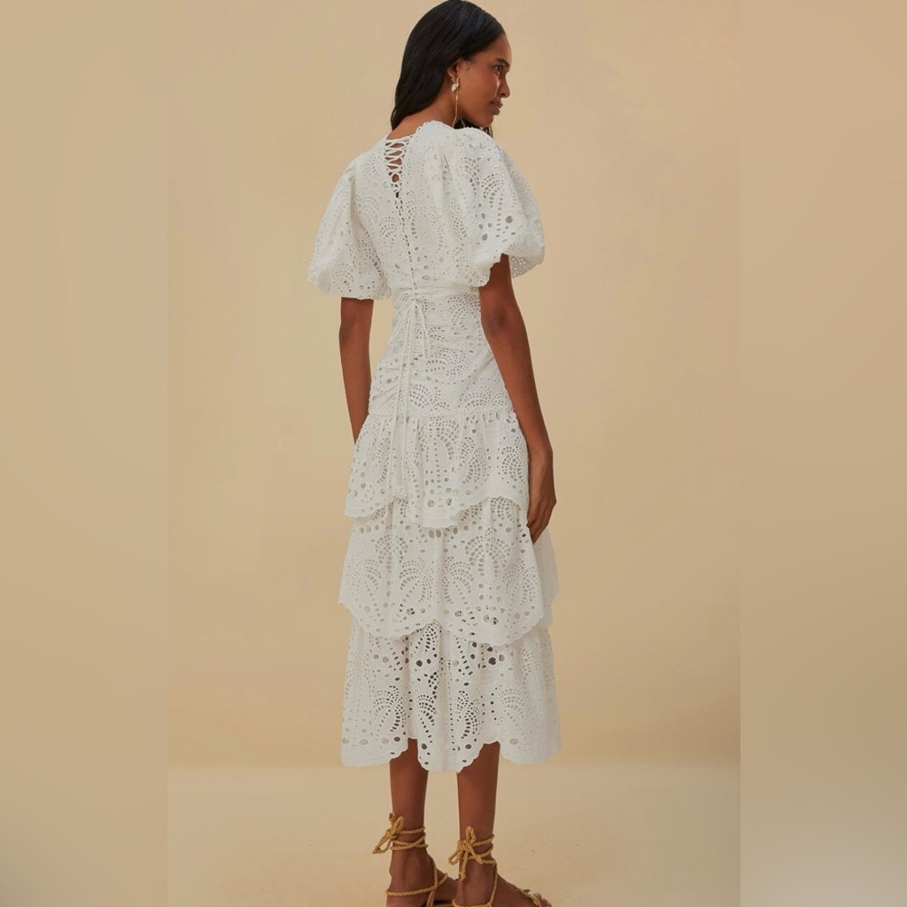 NEW FARM RIO White Cotton Eyelet Puff Sleeve Midi Dress Small - Picture 3 of 6